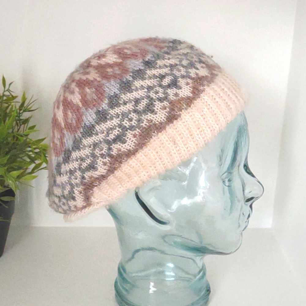 Vintage ARIS Knit Cabbie Hat Beret Pink Gray Nordic Fair Isle Cottagecore